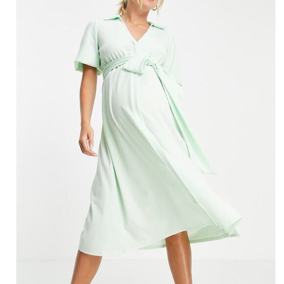 ASOS DESIGN Maternity Wrap Midi Skater Dress in Mint Size 6 Collared Button Down - Picture 2 of 7
